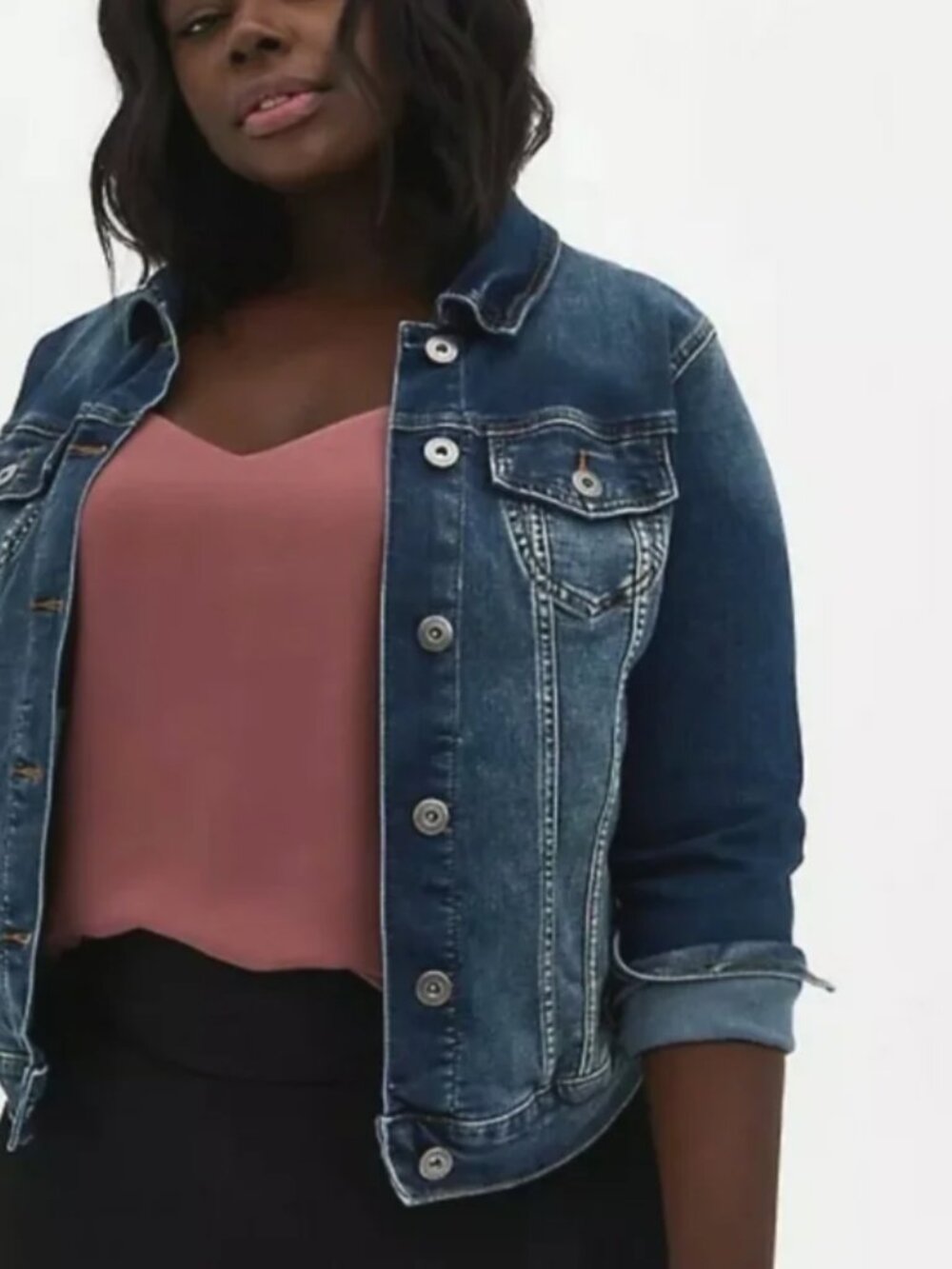 Torrid Dark Blue Denim Trucker Jacket Lighty Distressed Cottom Stretch Size 2 - Picture 9 of 10